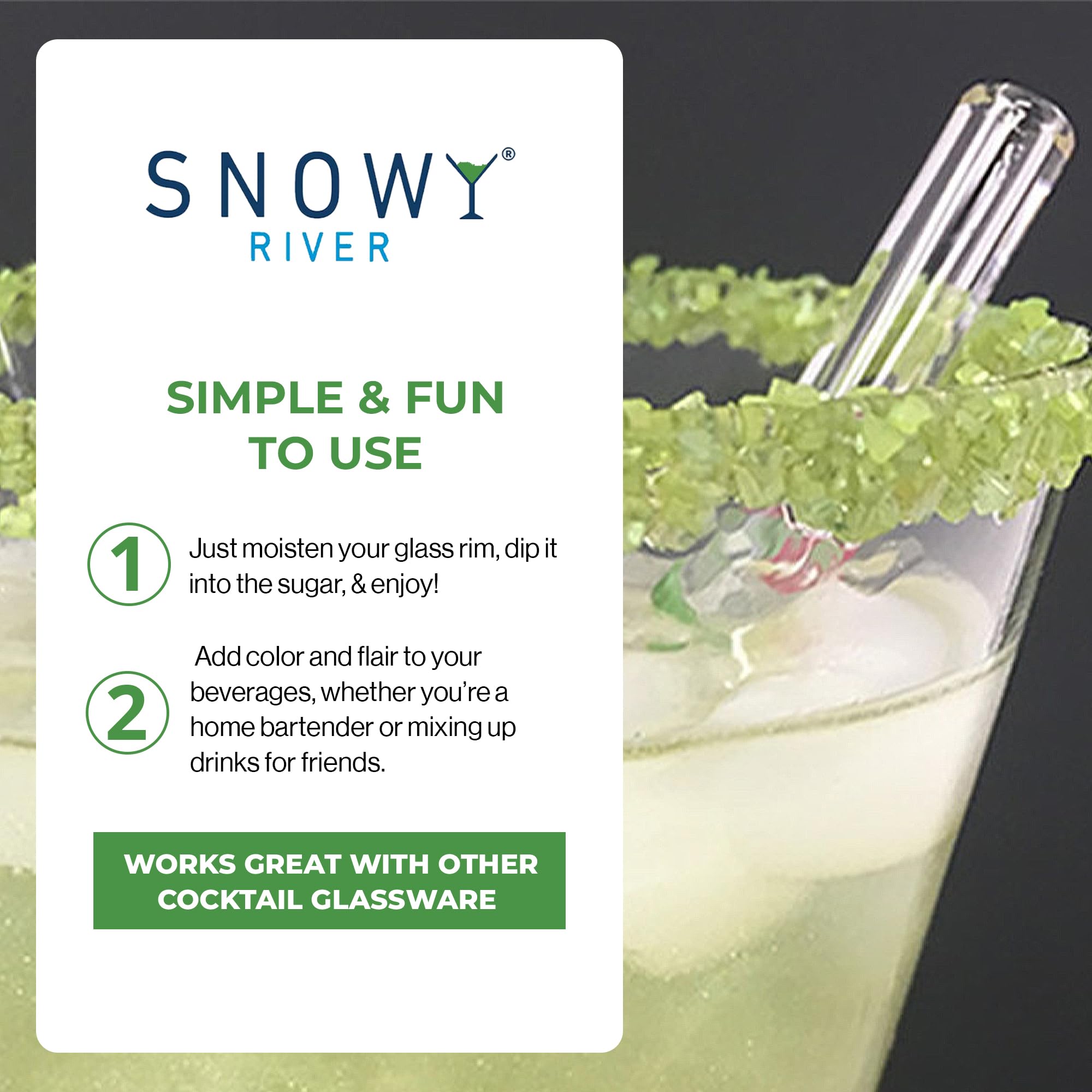 Snowy River presentación de cócteles con borde verde, ideal para fiestas.