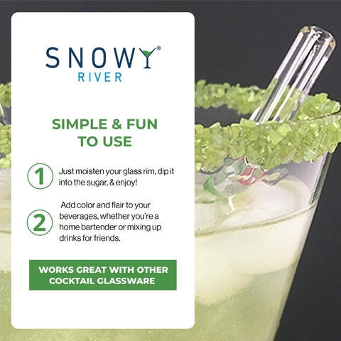 Snowy River presentación de cócteles con borde verde, ideal para fiestas.