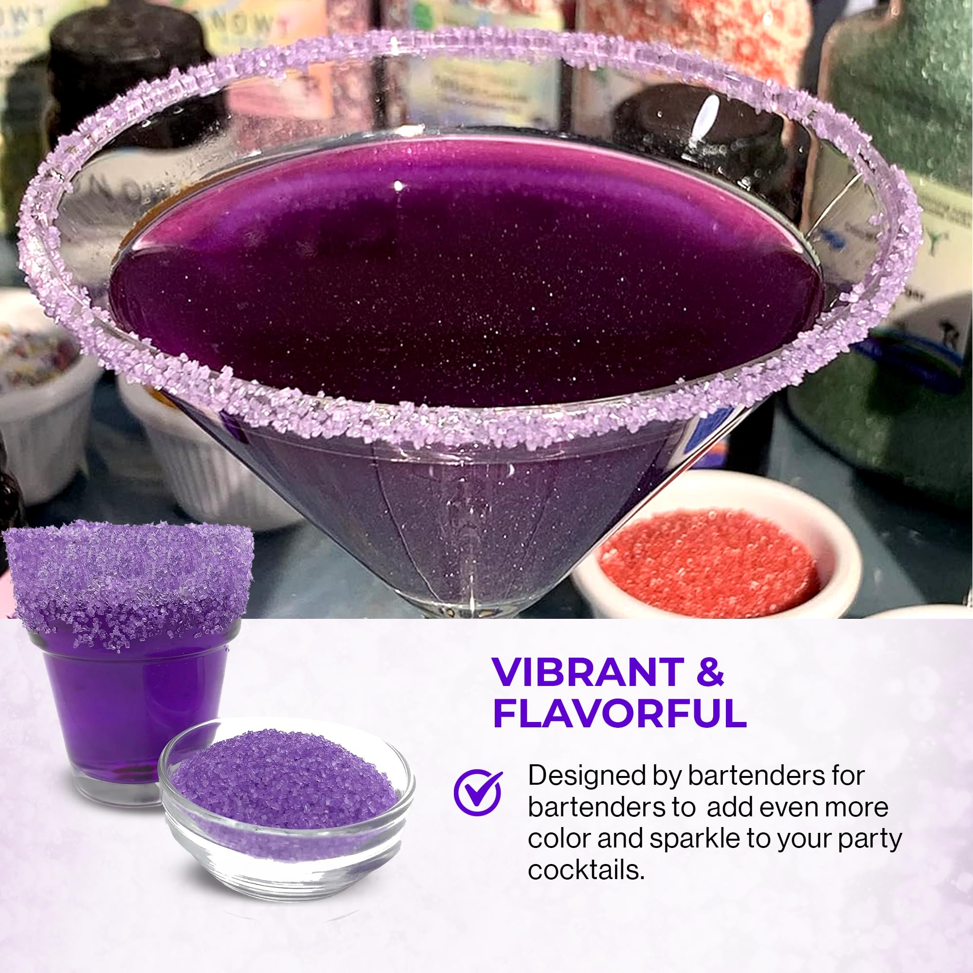 Snowy River martini borde morado para una copa elegante en fiestas.