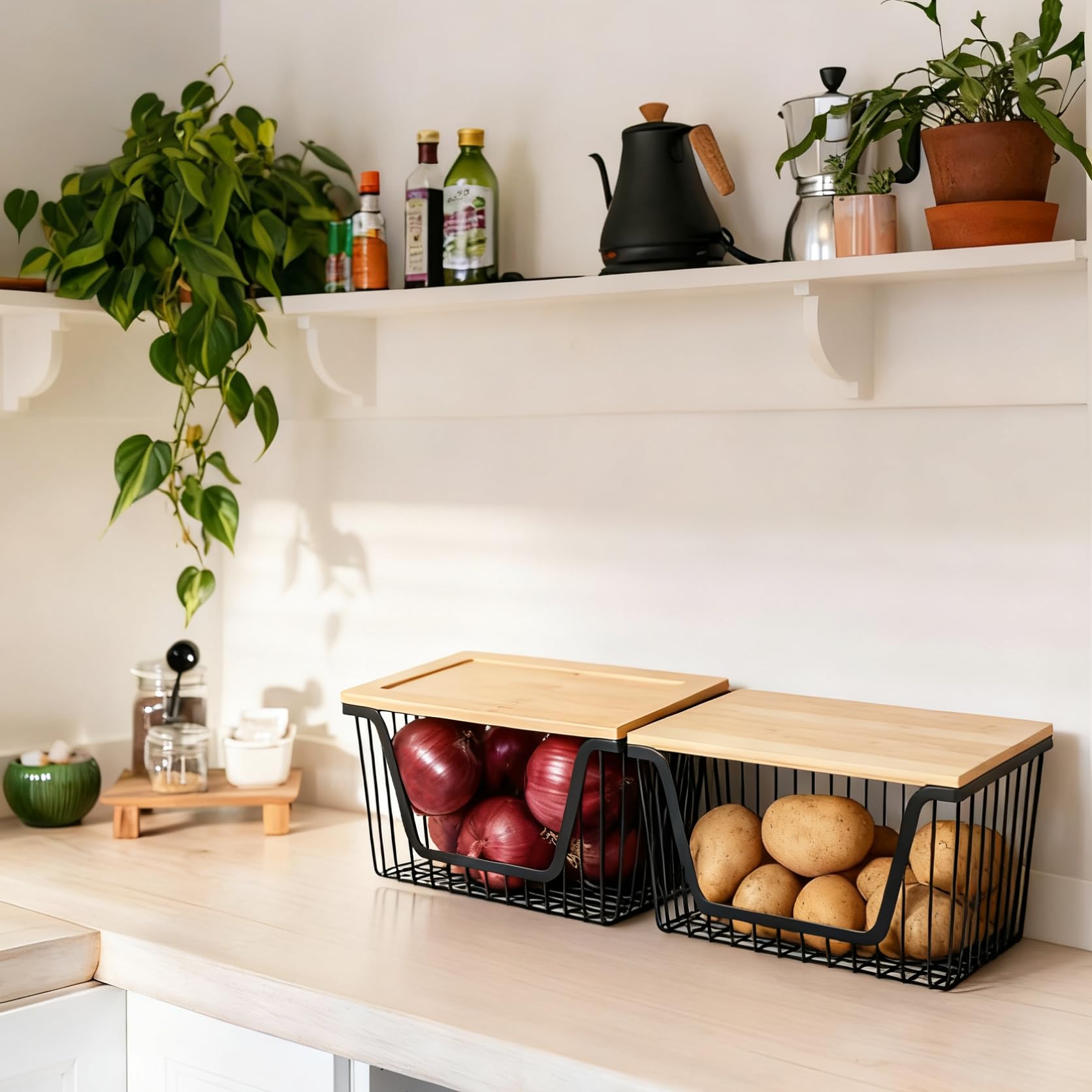 Cestas de alambre con tapa de bambú Snpwne para almacenar verduras con estilo y ventilación.
