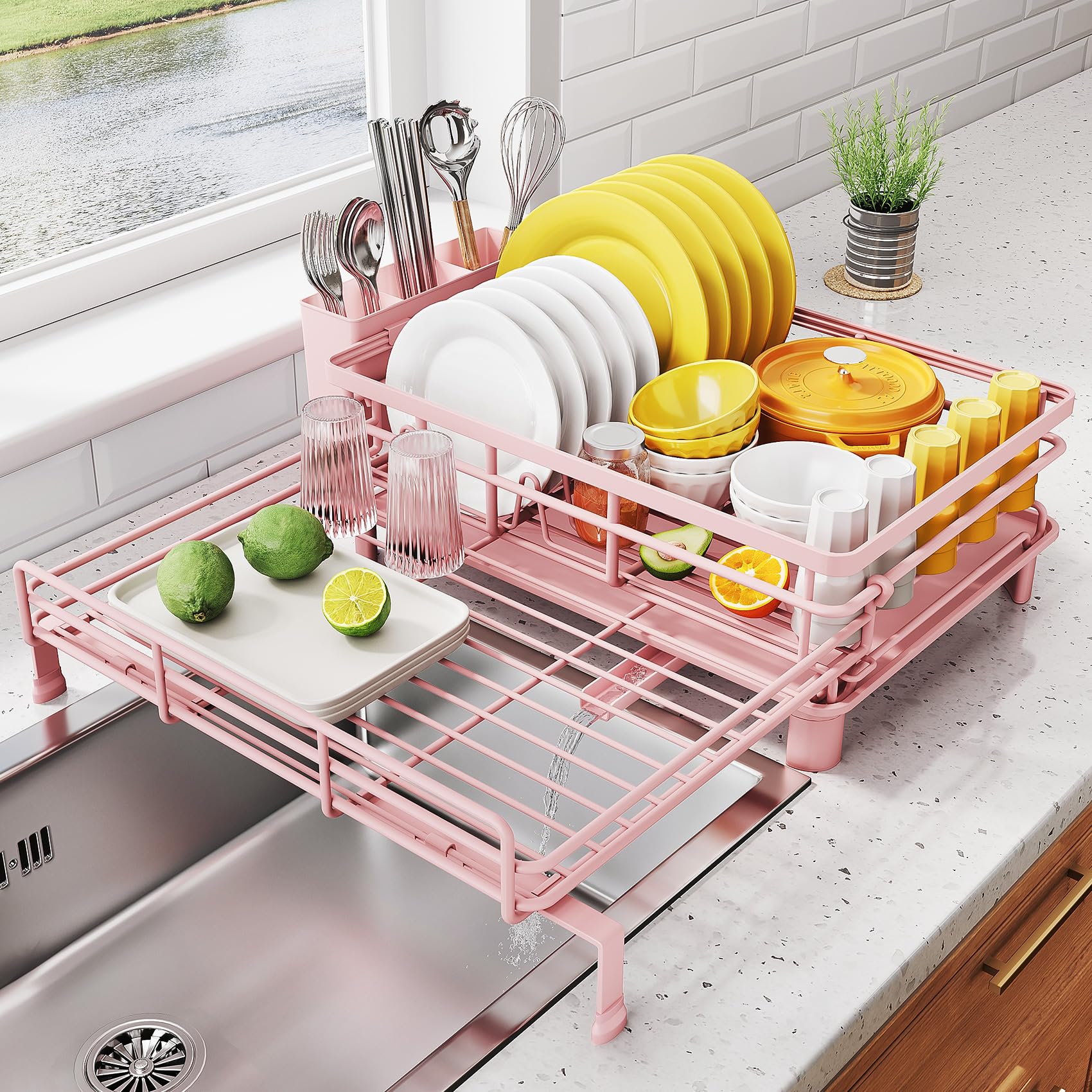 SNTD escurridor de platos extendible sobre fregadero en rosa, ahorro de espacio.