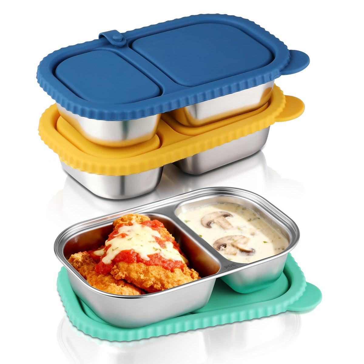 snuggery contenedor snack acero inoxidable, vista frontal, ideal para porciones separadas