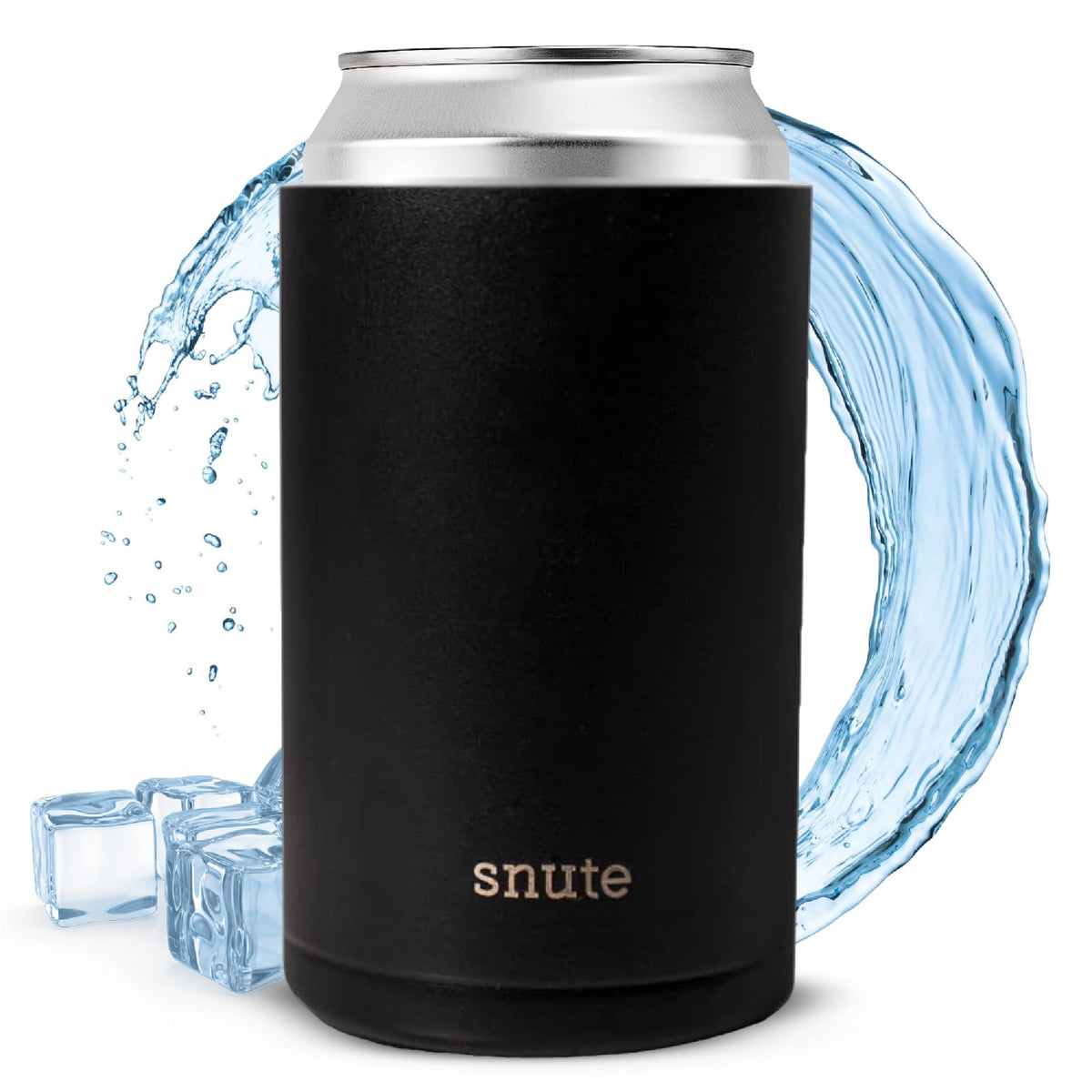 Snute aislante para lata negro, vista frontal, mantiene la bebida fría.