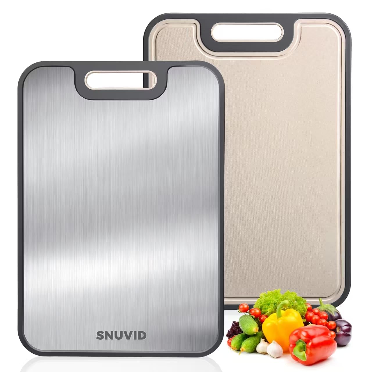 Tabla Snuvid de acero inoxidable para carnes crudas, segura y fácil de limpiar.