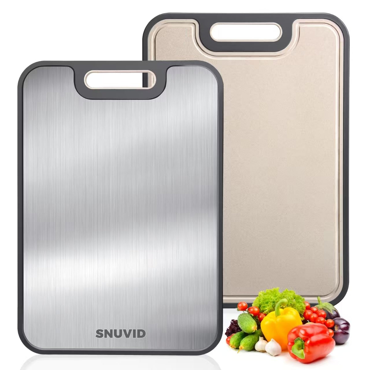 Tabla Snuvid de acero inoxidable para carnes crudas, segura y fácil de limpiar.