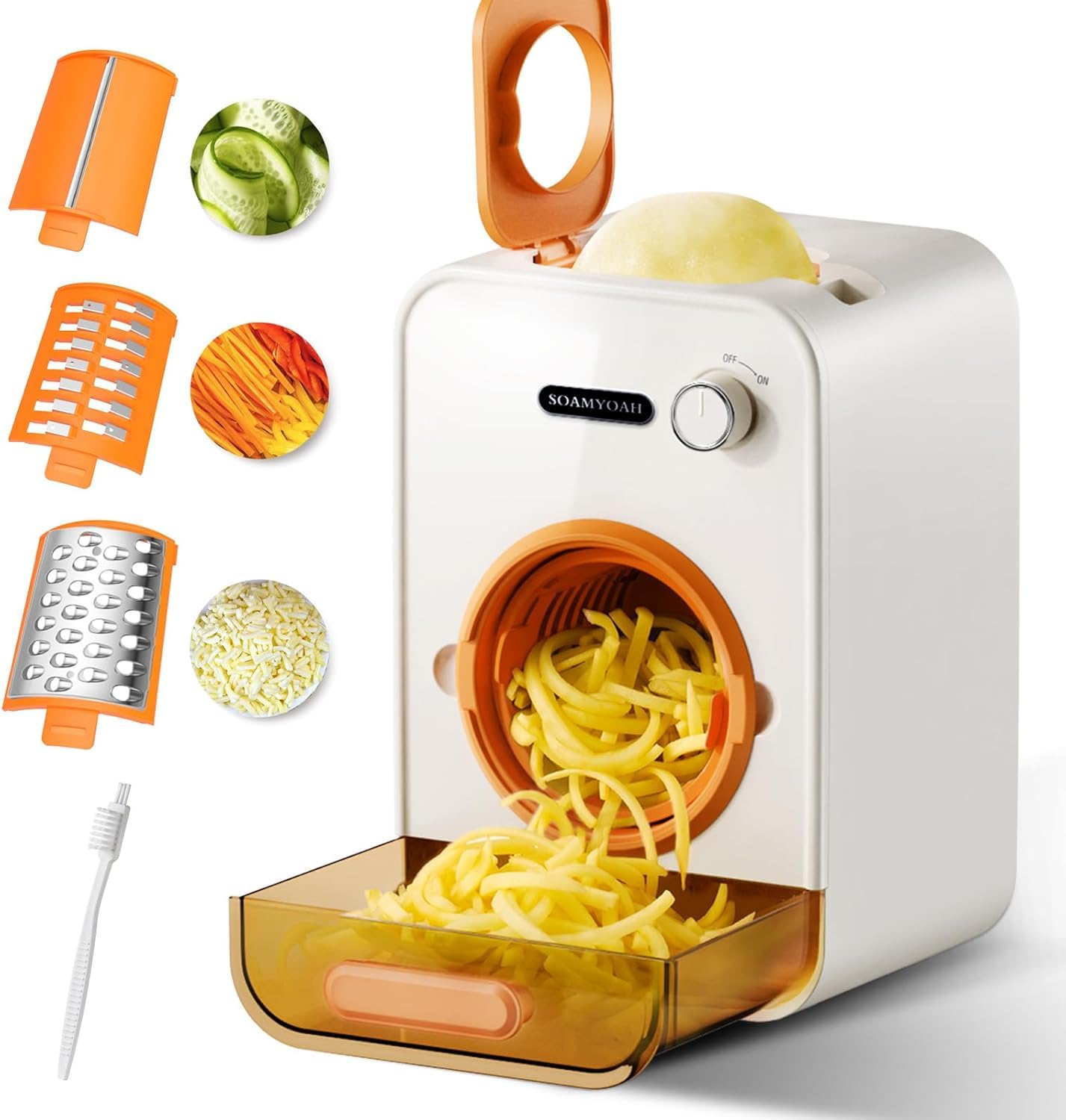 Rallador eléctrico frontal de SOAMYOAH para cortar quesos y verduras rápidamente.
