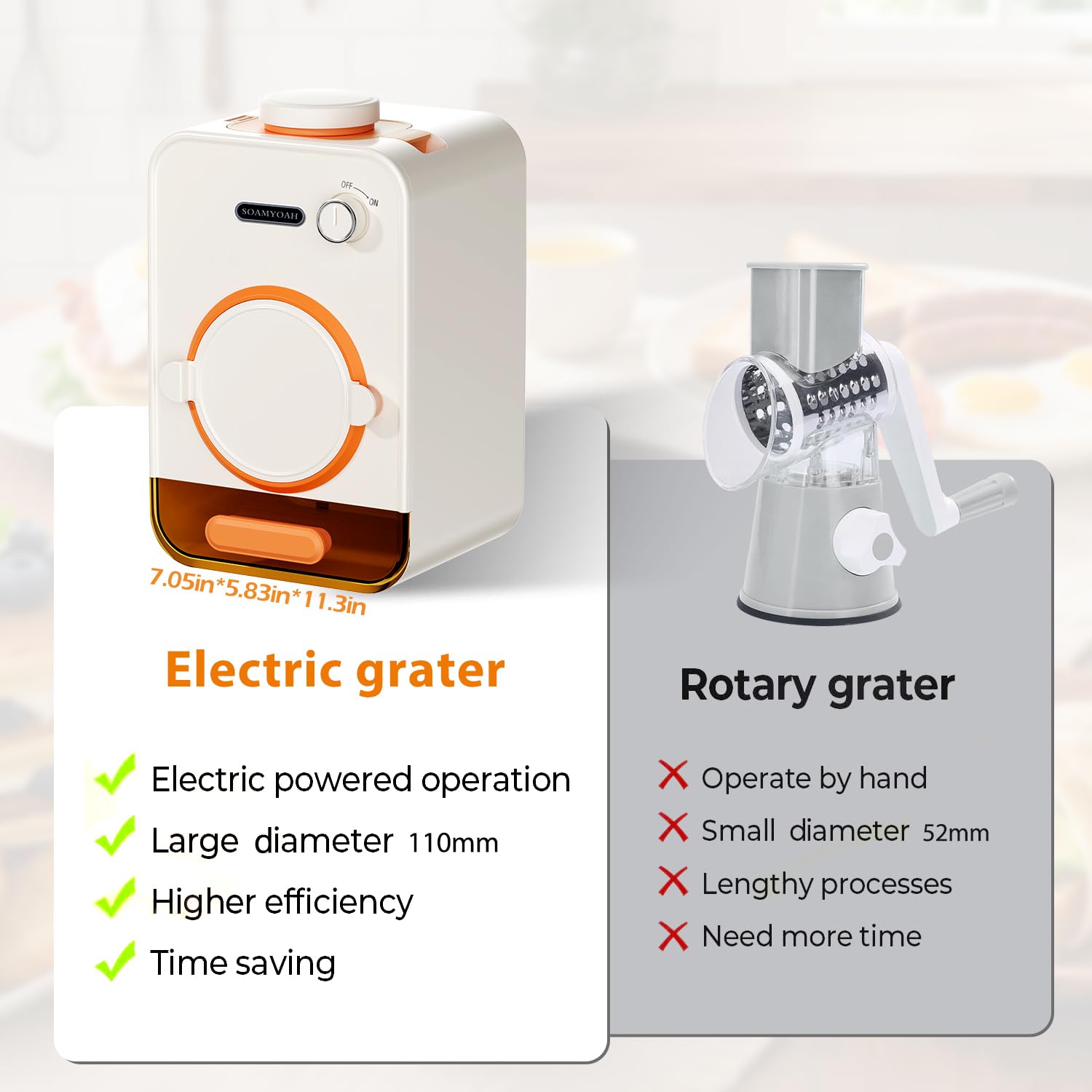 Rallador eléctrico SOAMYOAH base con ventosa para estabilidad durante uso.