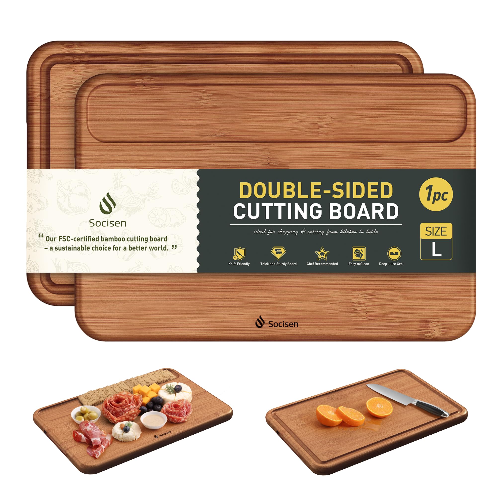 Tabla de bambú Socisen, vista superior, ideal para cortar carne y verduras sin derrames.