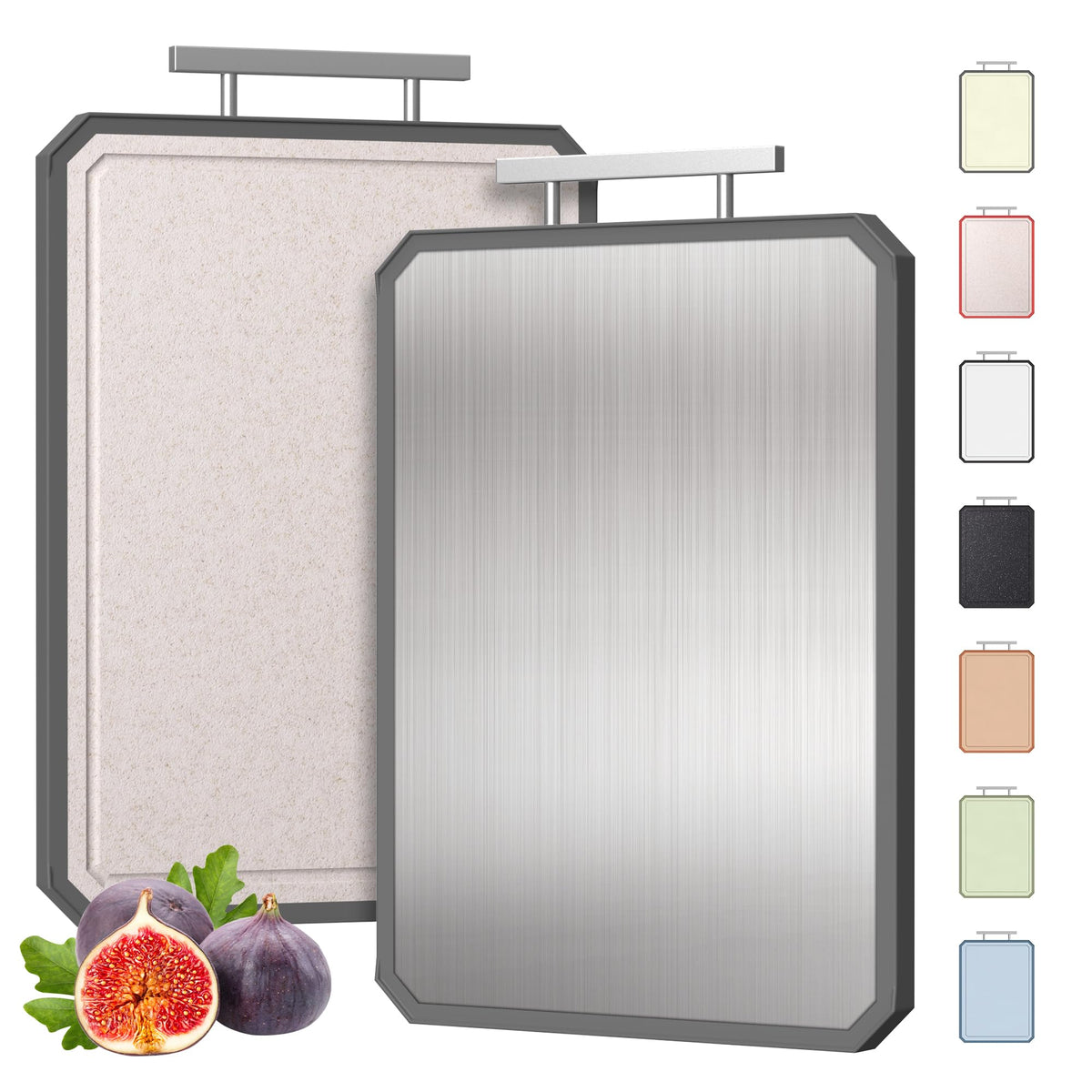 Socisen tabla 2 en 1 con asa, superficie de acero inoxidable para cortes precisos.