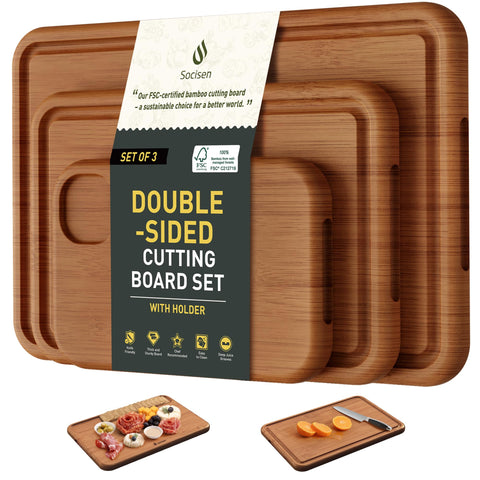 Socisen tabla bambú 15x10, vista frontal, superficie estable para cortar carne.