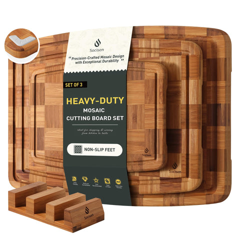 Socisen tabla de corte de bambú, conjunto de 3 piezas, frente estable para un corte cómodo