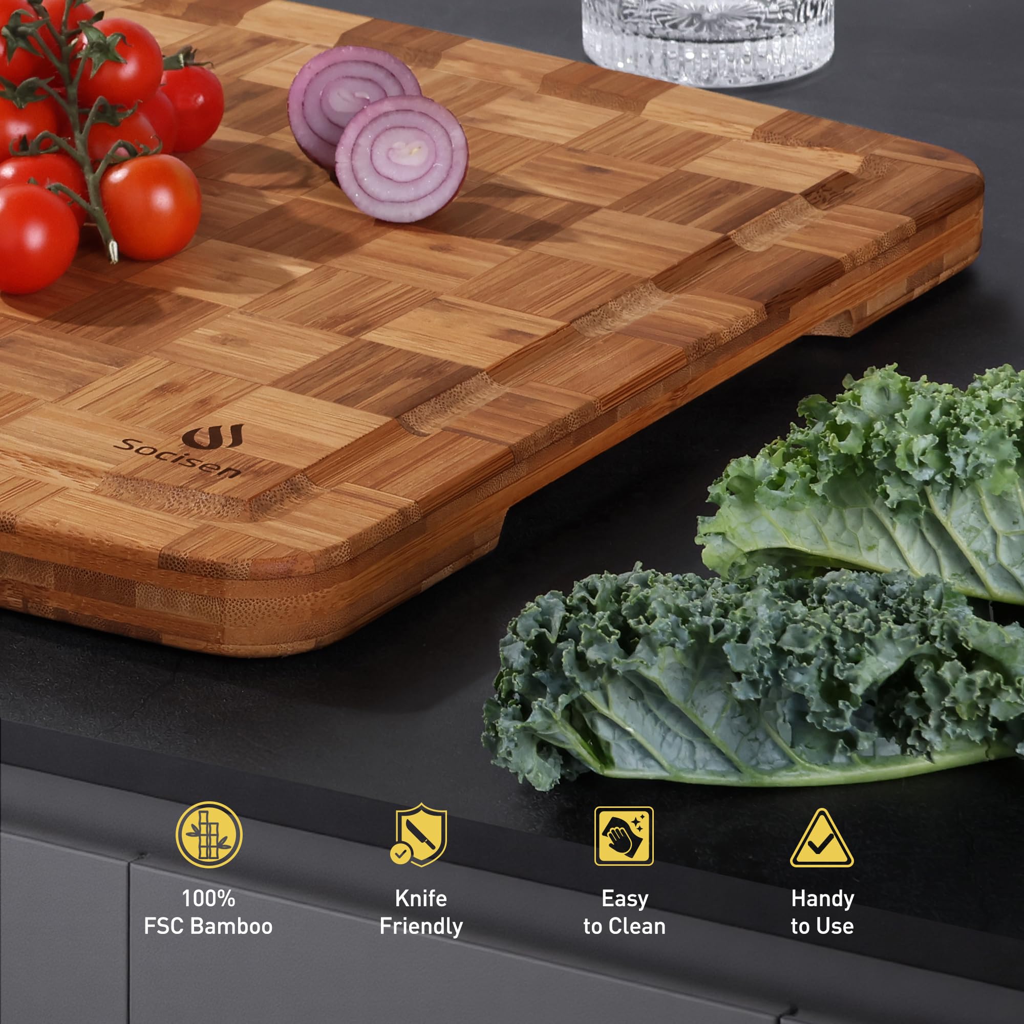 Socisen tabla de corte bambú extra grande, grano natural aporta estética orgánica a cocinas.