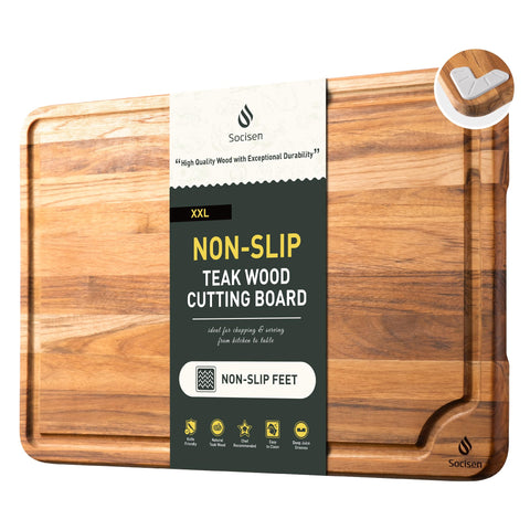 Socisen tabla corte teca 20 pulgadas, gran superficie para carnes y verduras.