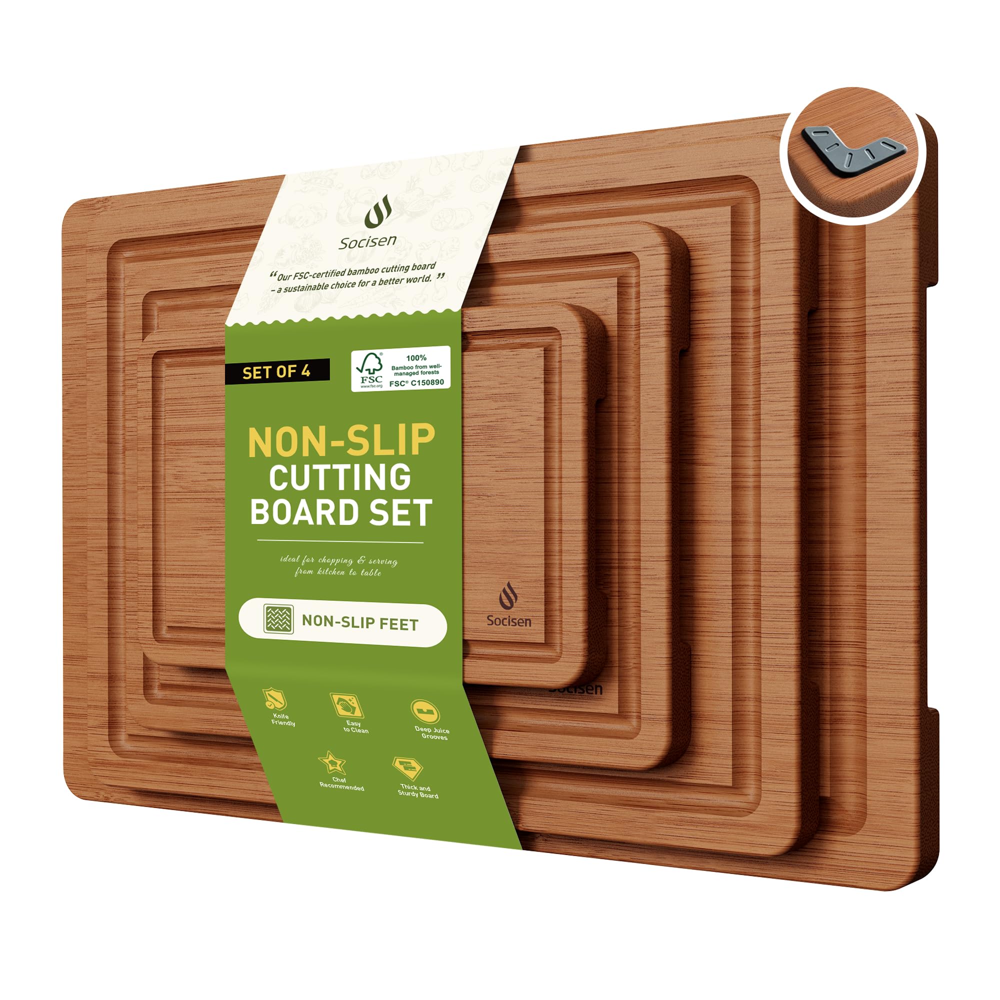 Socisen Tablas de cortar de bambú con cuatro tamaños para cocina diaria.