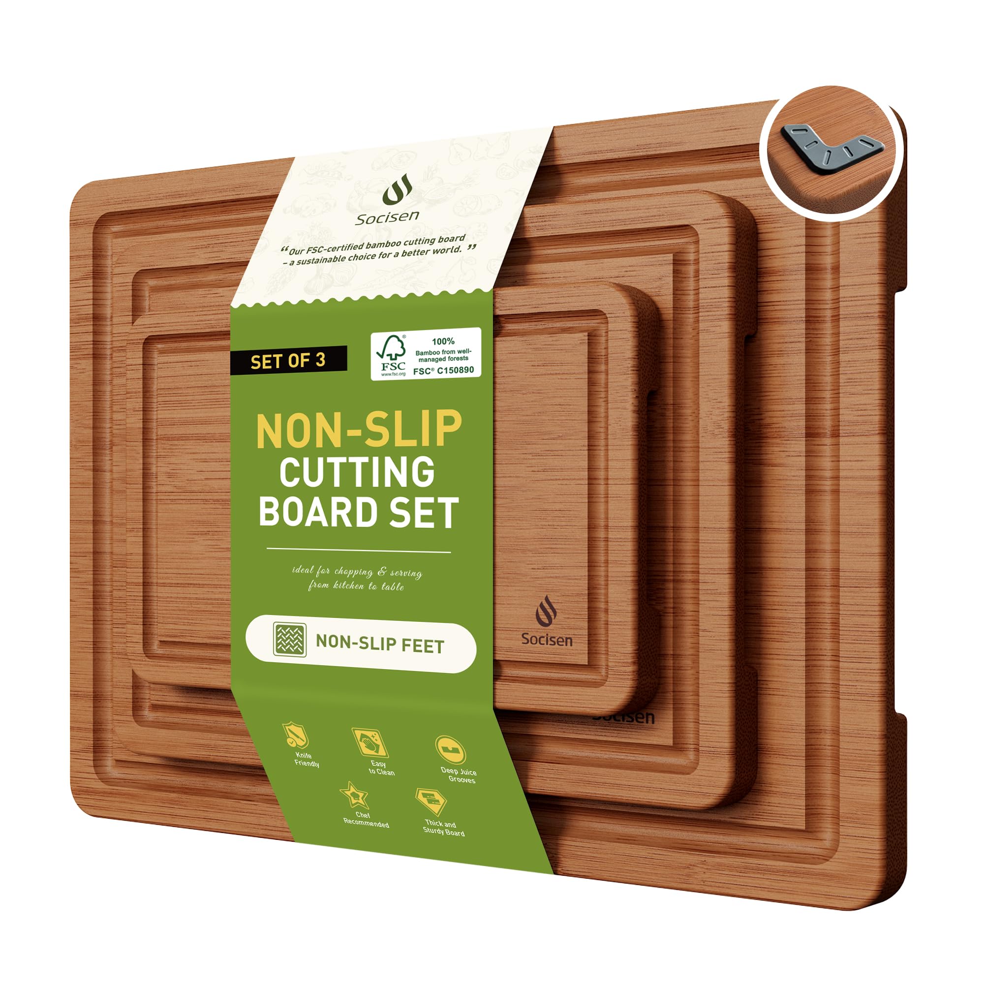 Socisen tablas de corte bambú, trío de tamaños, ideal para preparar verduras.