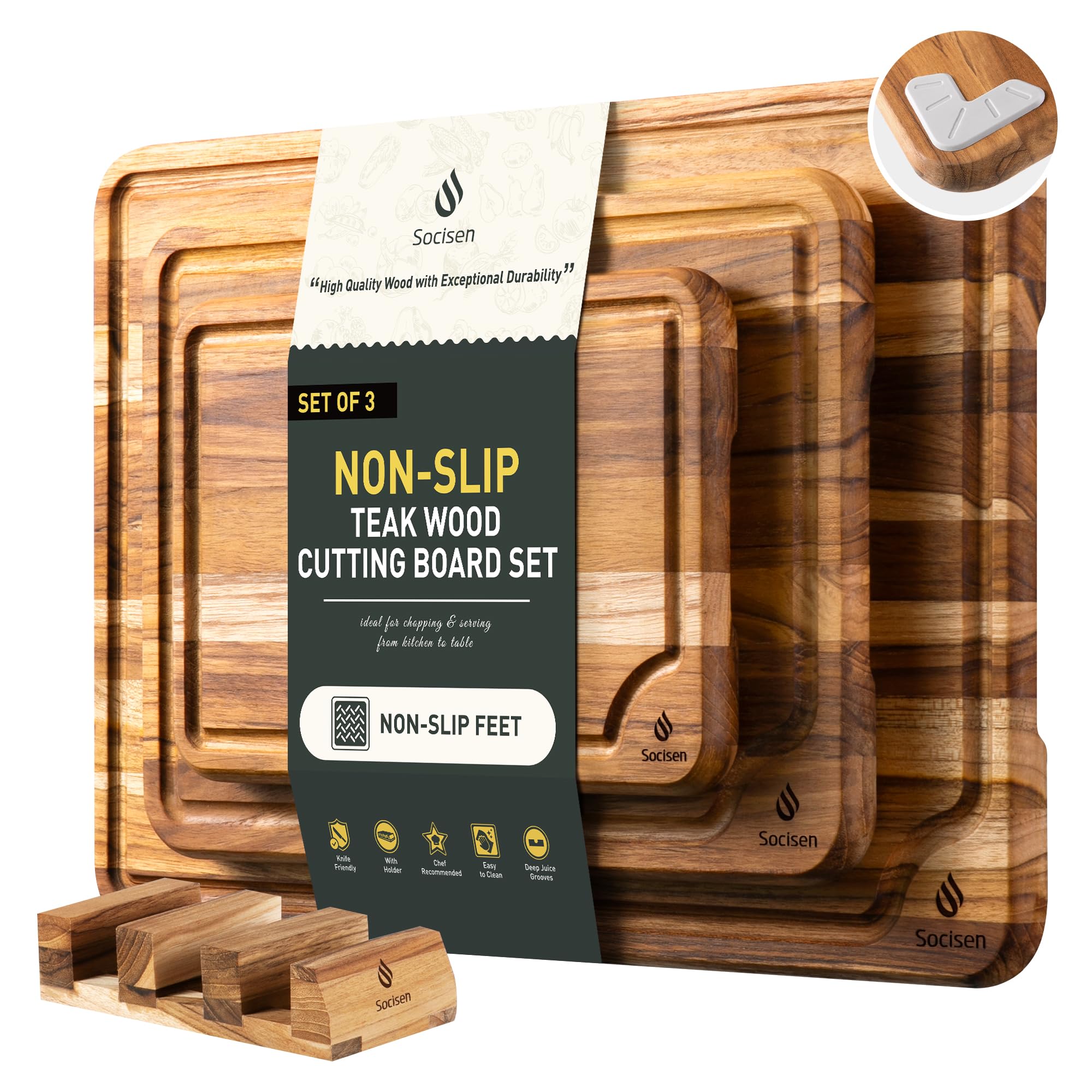 Socisen tablas de corte teca 10 pulgadas con base antideslizante para mayor estabilidad.