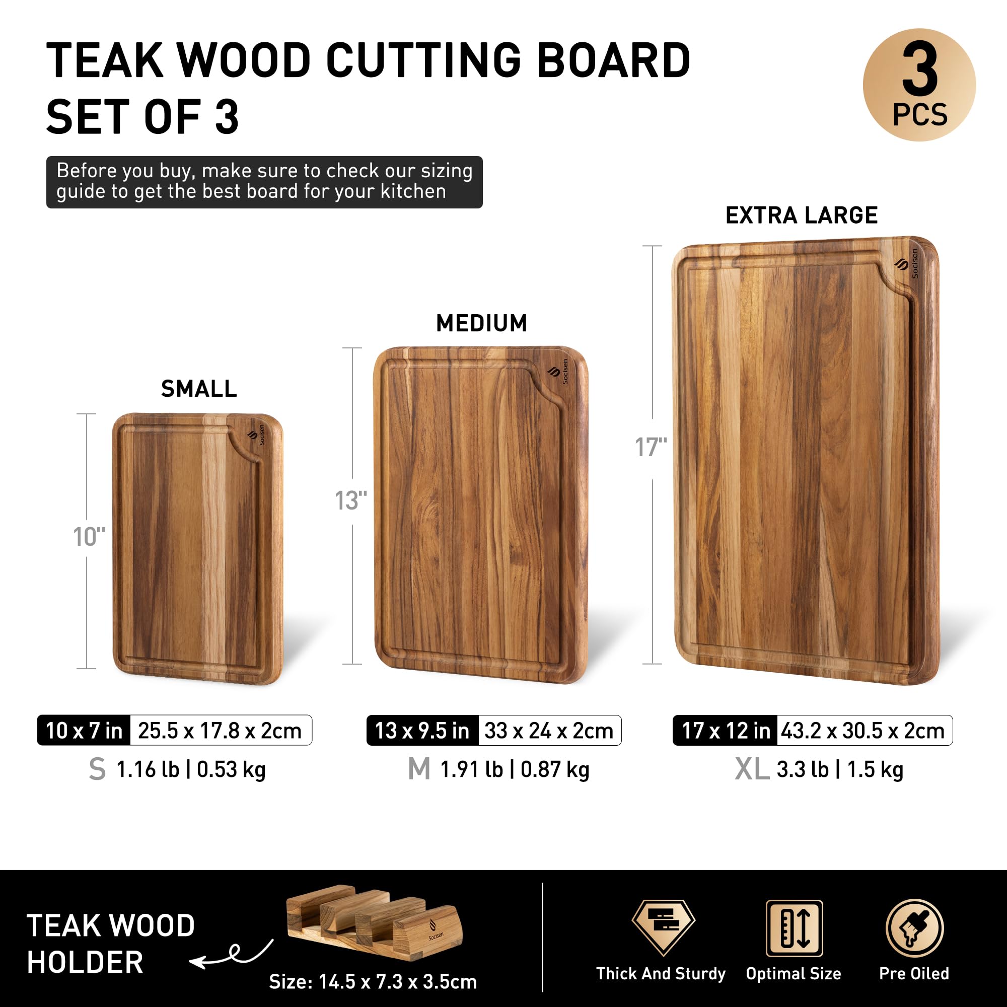 Socisen tabla teca 17 pulgadas ideal para cortar carnes y verduras.