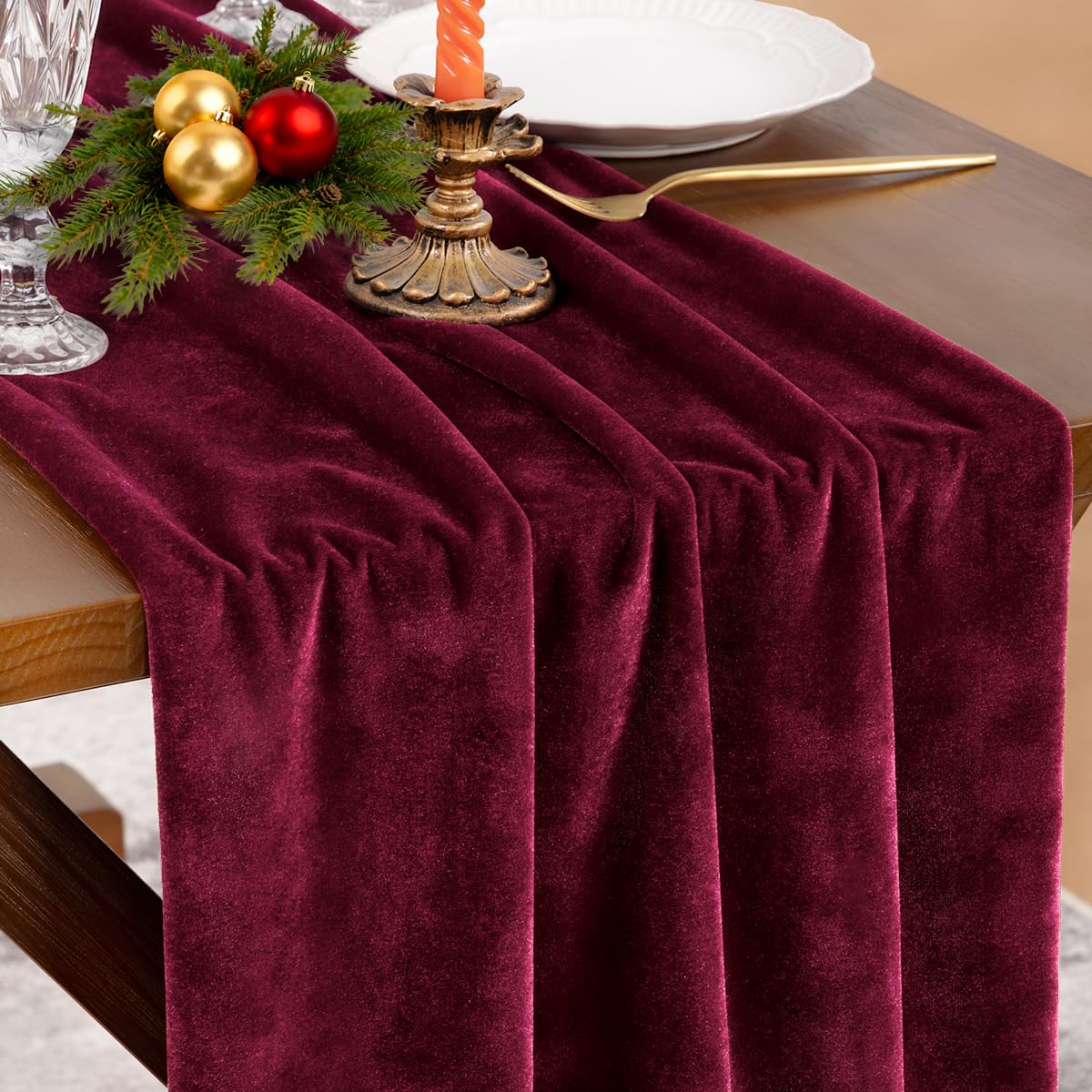 Socomi camino de mesa terciopelo burdeos 20x120 con borde cosido, decoración elegante para bodas