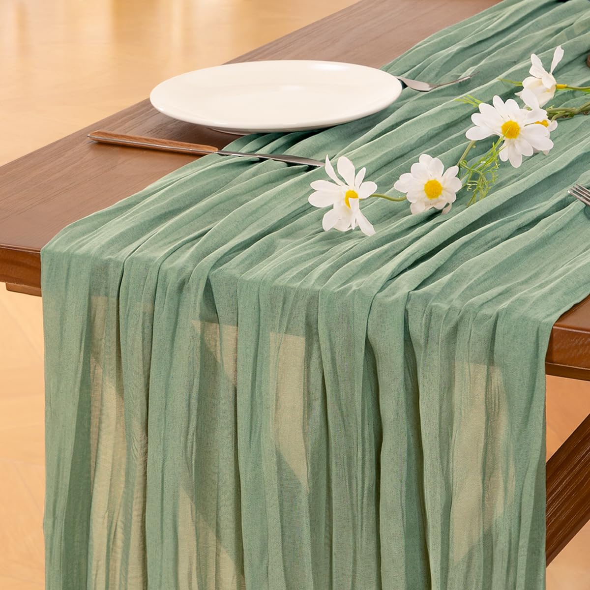 Socomi mantel de gasa verde salvia facilita limpieza y almacenamiento sencillo.
