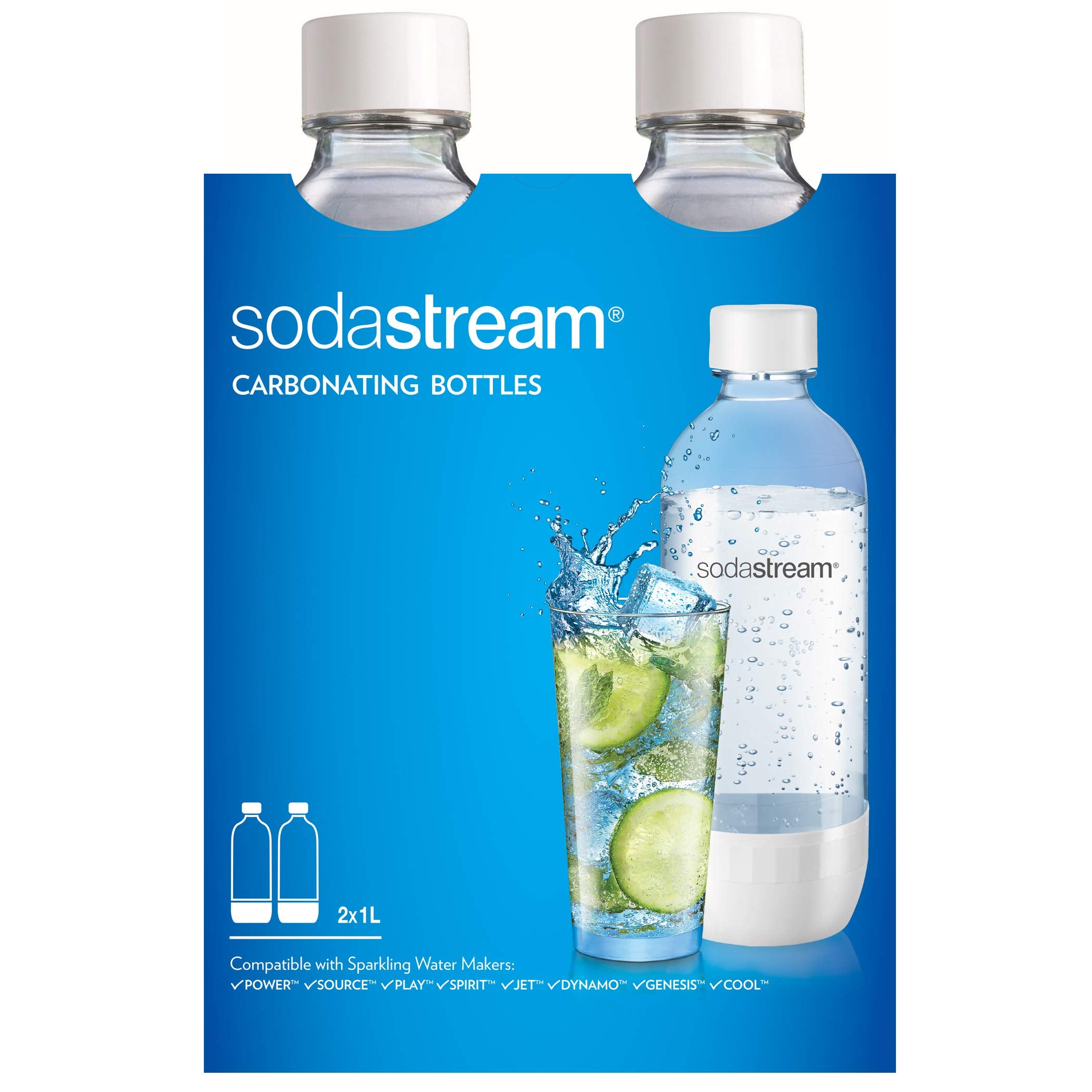 Botella 1L de Sodastream blanca apta para lavavajillas, ideal para carbonatar en casa.