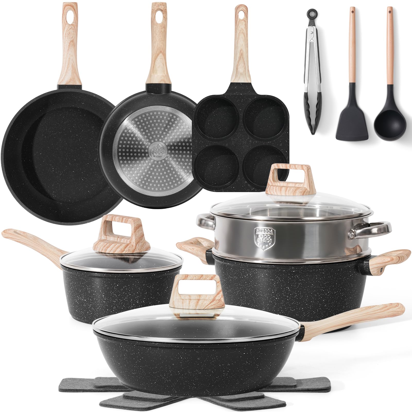 SODAY juego de ollas y sartenes de 17 piezas para cocina completa y versátil.