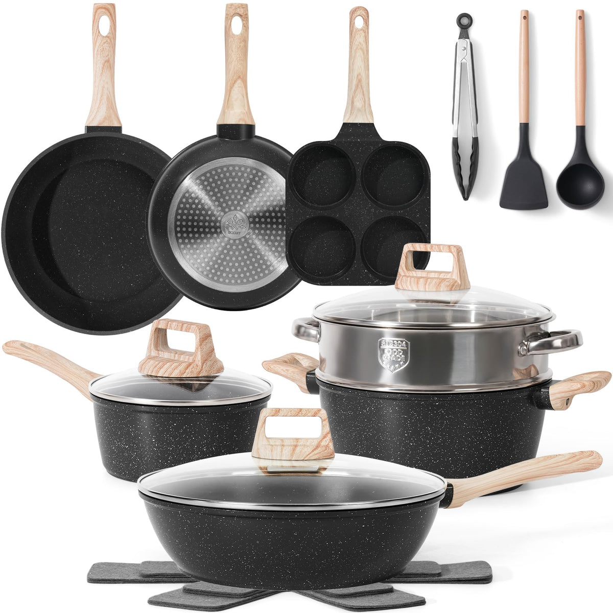SODAY juego de ollas y sartenes de 17 piezas para cocina completa y versátil.