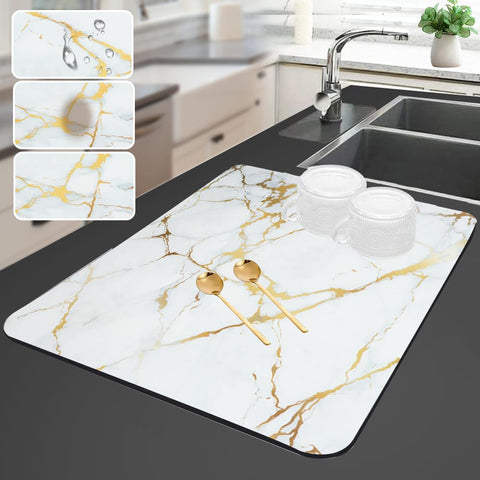 Sofort alfombrilla de secado para cocina con mármol blanco y dorado, absorbe agua rápidamente.