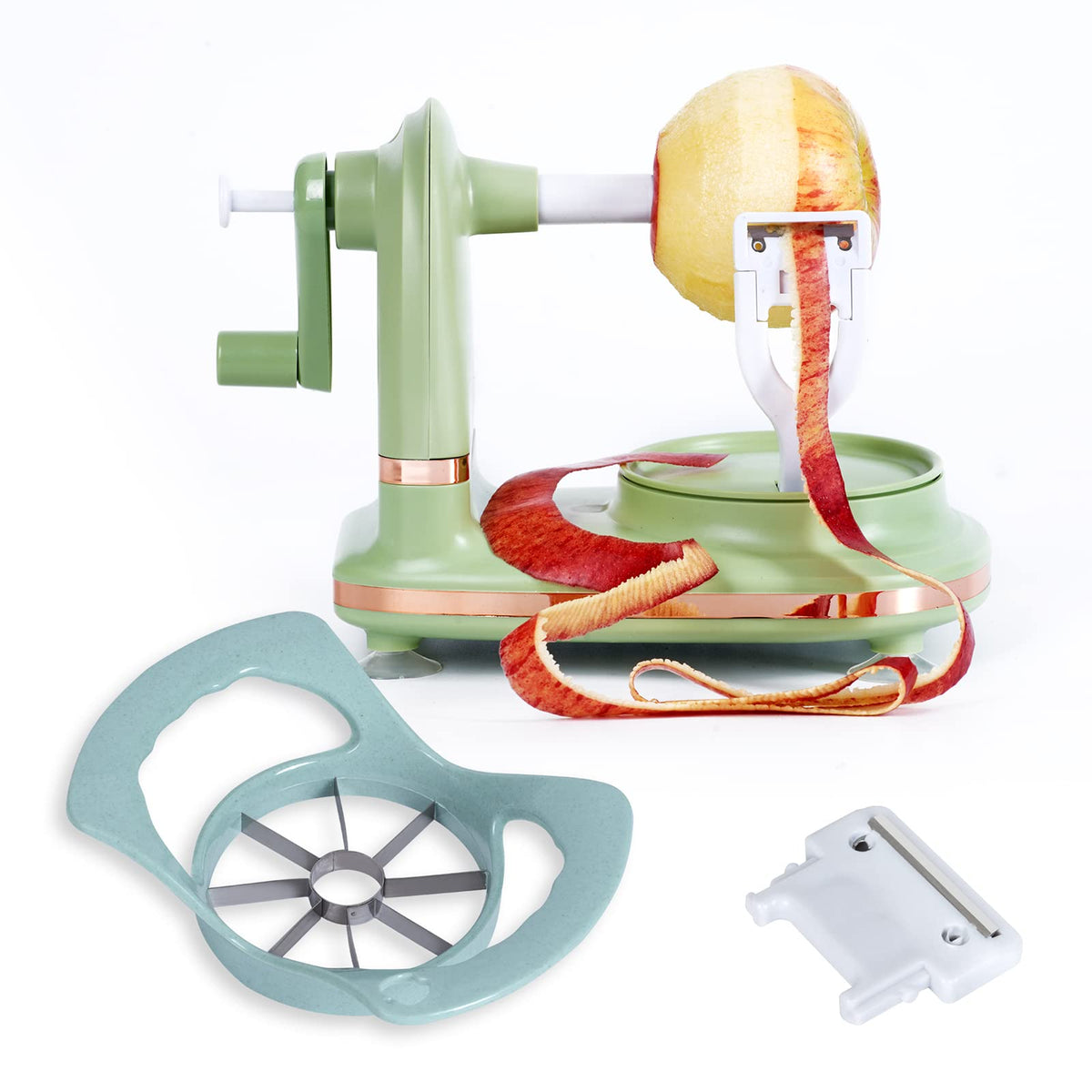 Soft Home pelador de manzanas en uso para pelar rápido y uniforme.