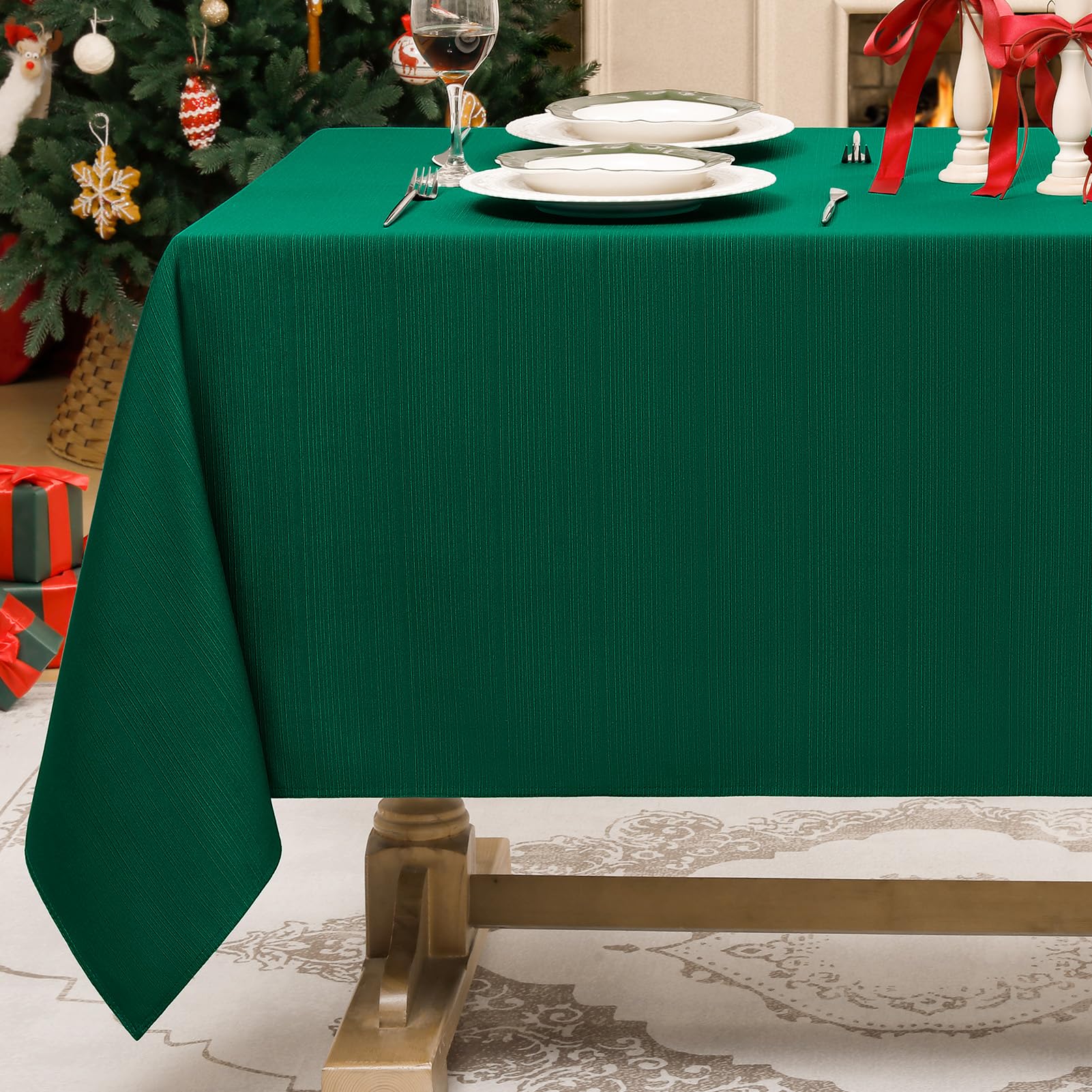 Softalker mantel jacquard navidad con líneas geométricas verdes, ideal para mesas festivas