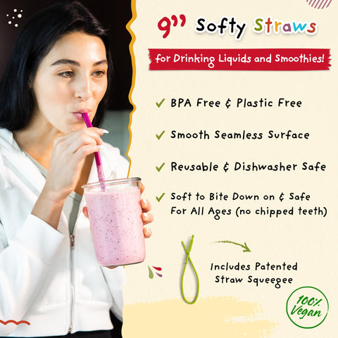 Softy Straws con limpiador patentado para una limpieza rápida.