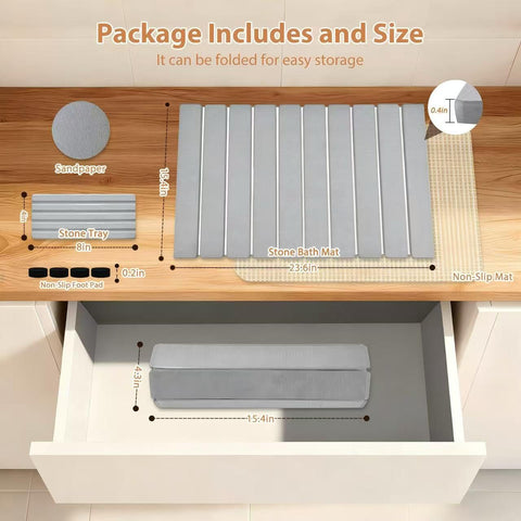 SOKINCLR mat-secado-piedra-24x16 doblado facilita almacenamiento compacto en cajones.