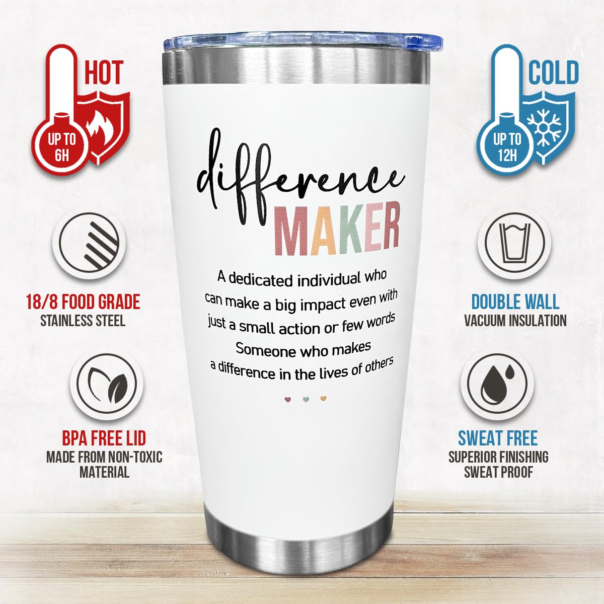 SOL VIBES Difference Maker Tumbler tapa sin BPA, segura para bebidas.