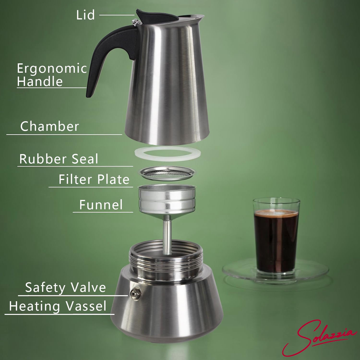 Solazzia cafetera moka con válvula de seguridad para espresso controlado.