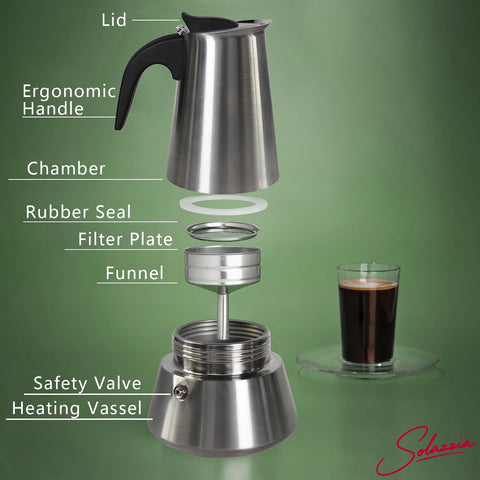 Solazzia cafetera moka con válvula de seguridad para espresso controlado.