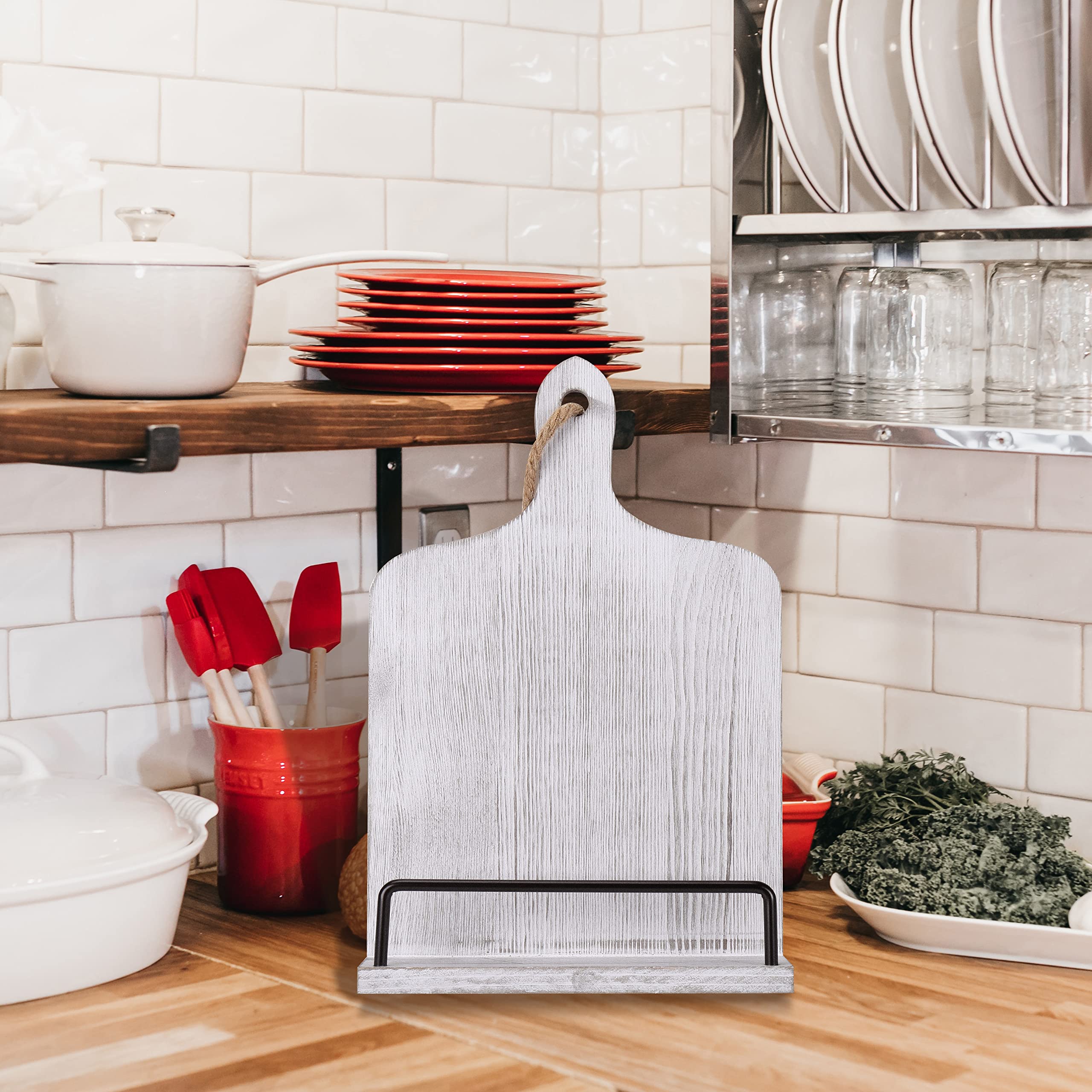 Soligt porta-recetas madera rústica para lectura estable.