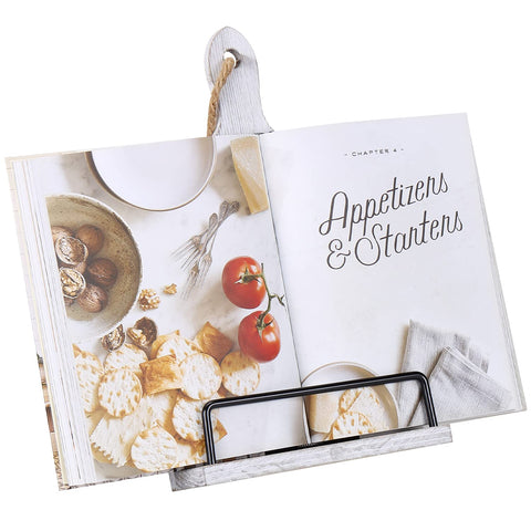 Soligt soporte libro cocina ajustable para leer recetas con comodidad.