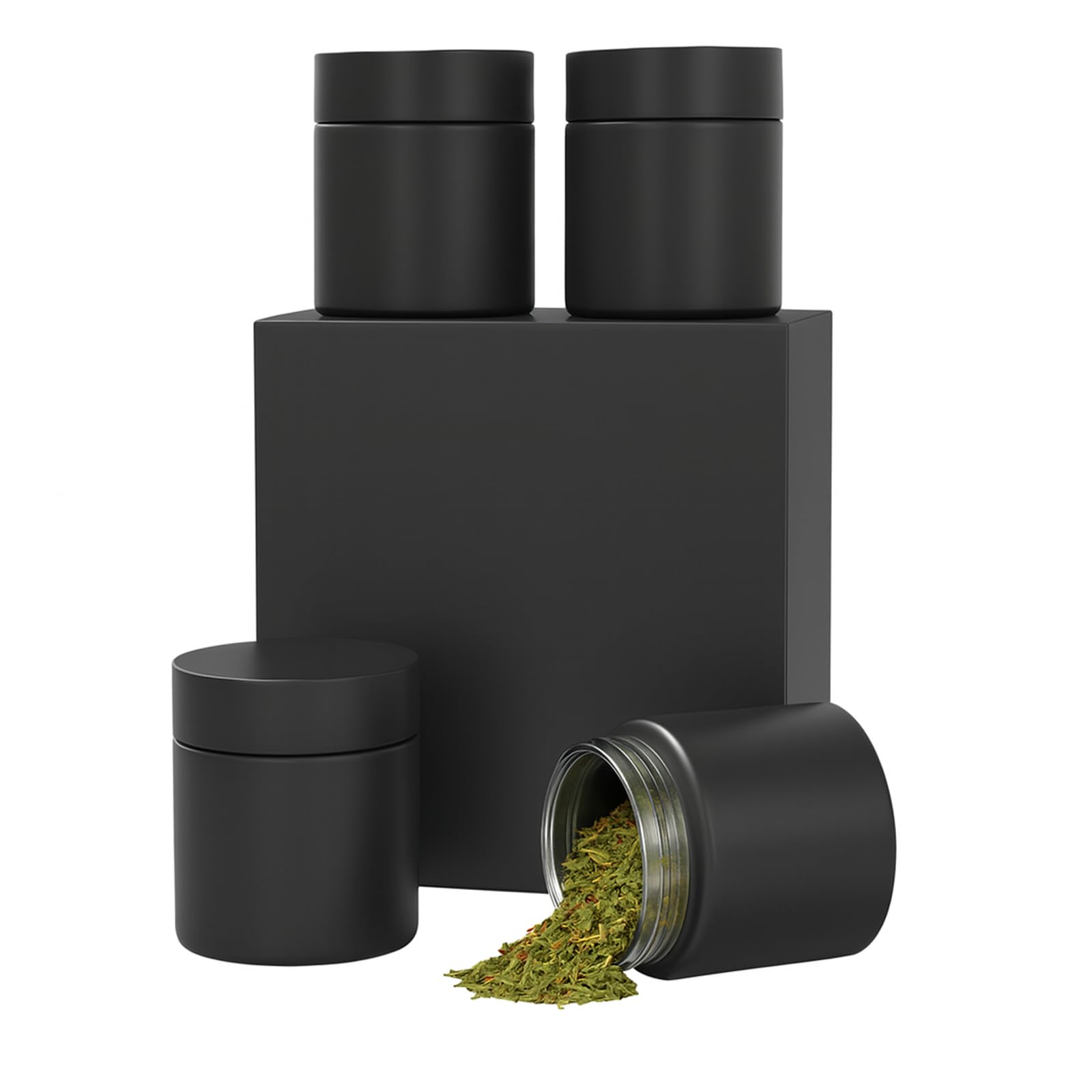 Soluimarex tarros de vidrio negros de 4oz en conjunto, almacenamiento seguro y discreto para hierbas.