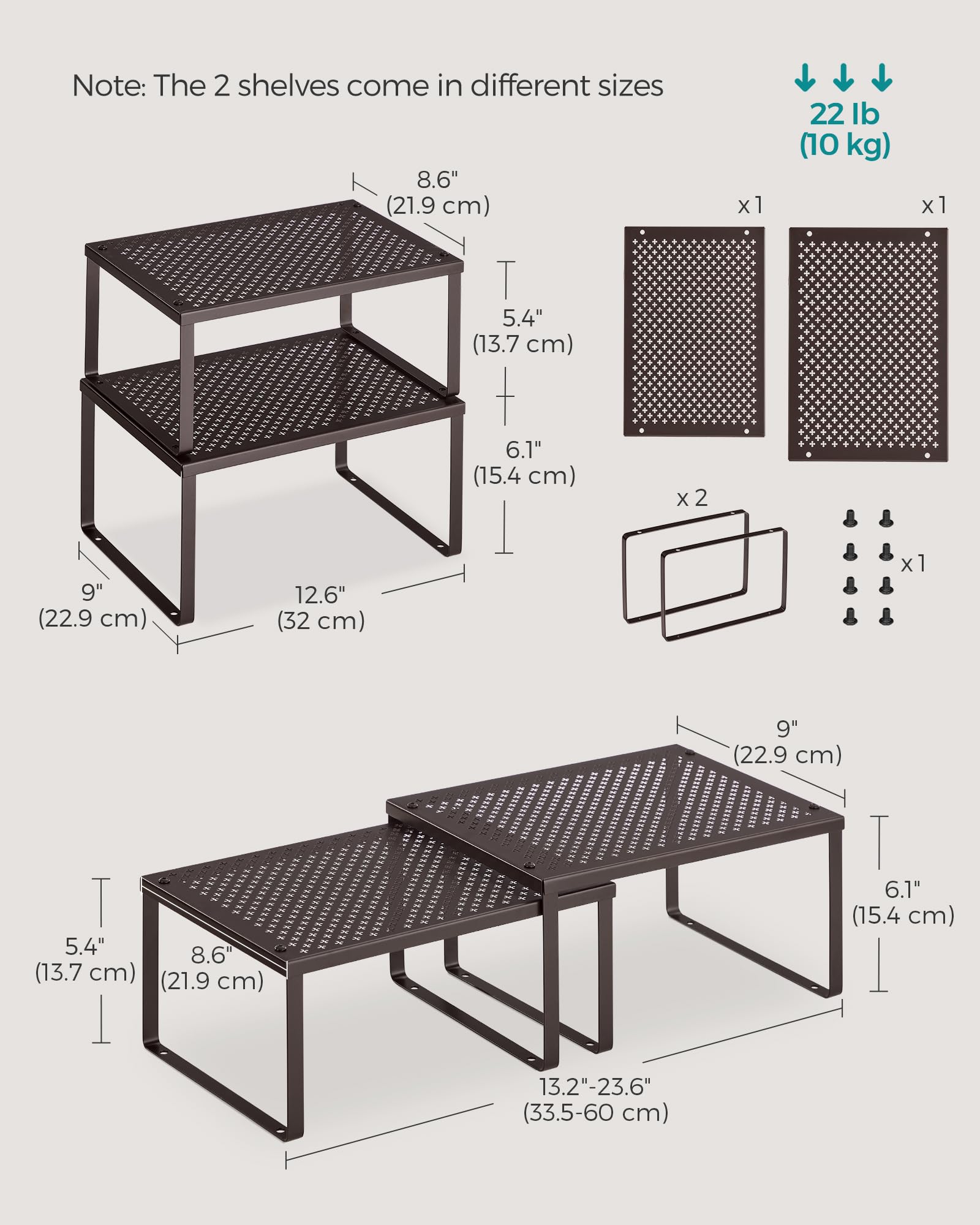 SONGMICS estantes perforados muestran un diseño elegante para ordenar la cocina.