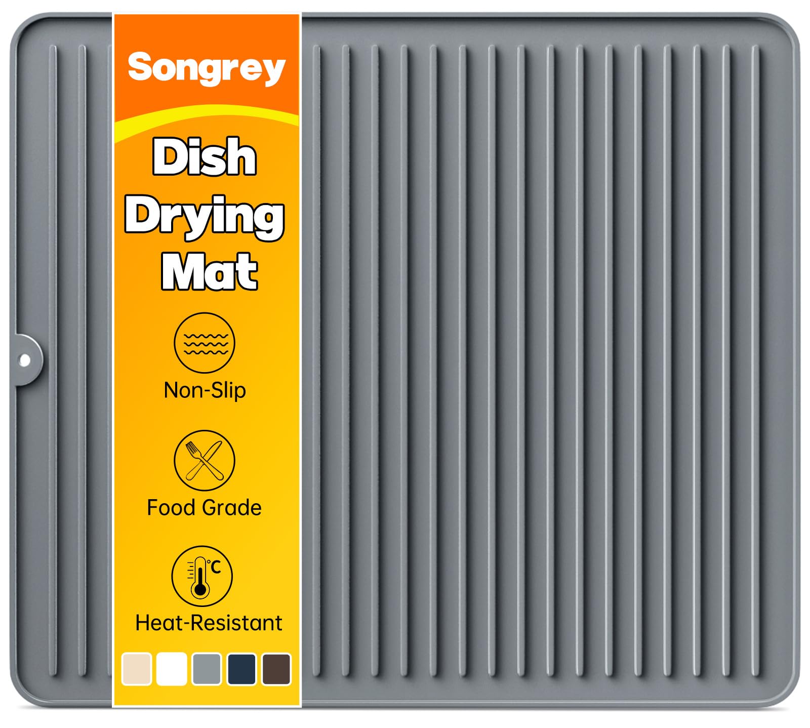 Songrey alfombrilla secado platos 18x16, silicona segura para encimera y secado rápido.