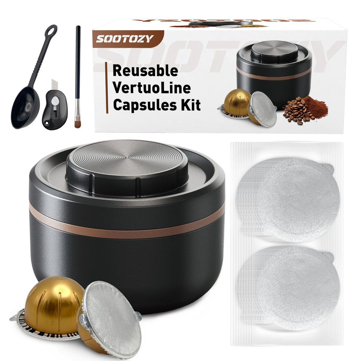 Sootozy cápsulas Vertuo base: plataforma estable para rellenar y sellar cápsulas reutilizables.