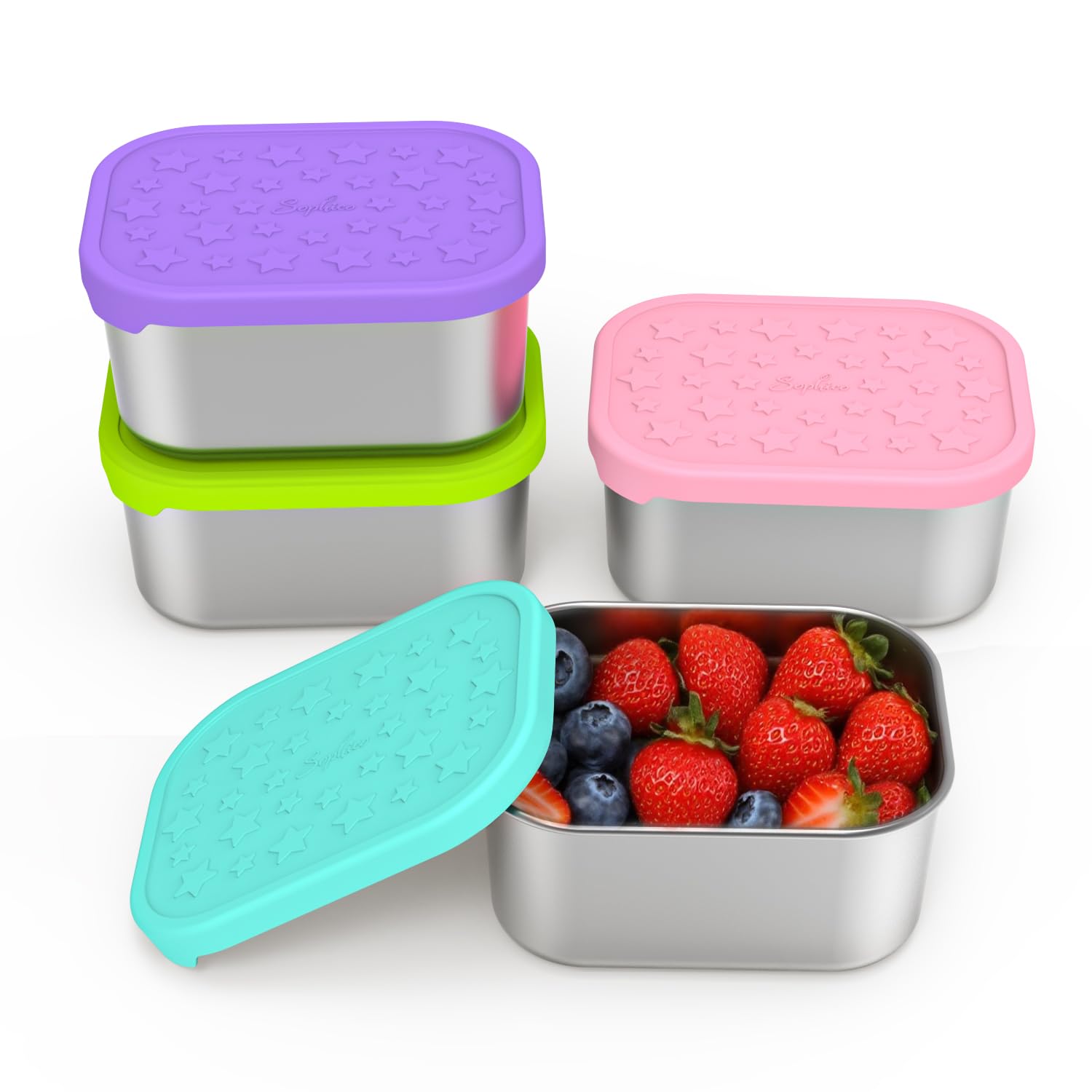 SOPHICO contenedor snack acero inoxidable 14 oz frente, ideal para meriendas escolares