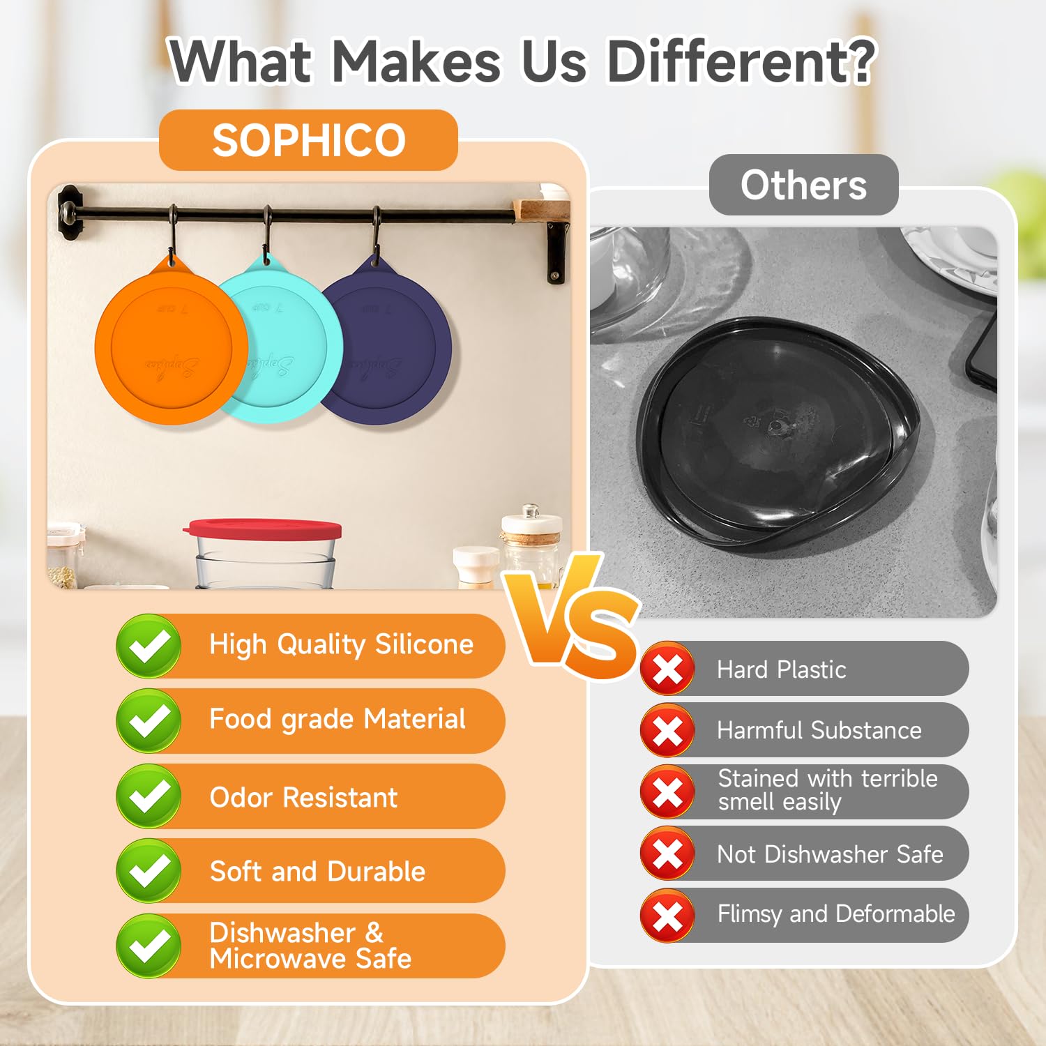 SOPHICO tapa de silicona hermética naranja para almacenamiento seguro.