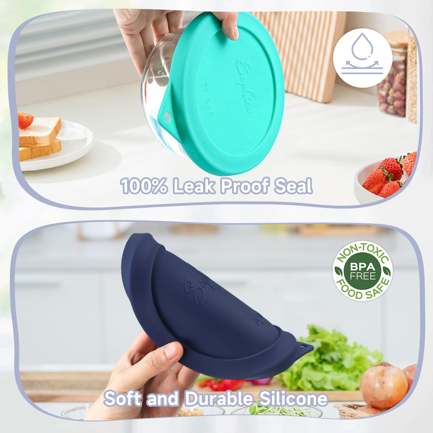 Tapa de silicona Sophico para 4 tazas apta para congelador, azul marino.