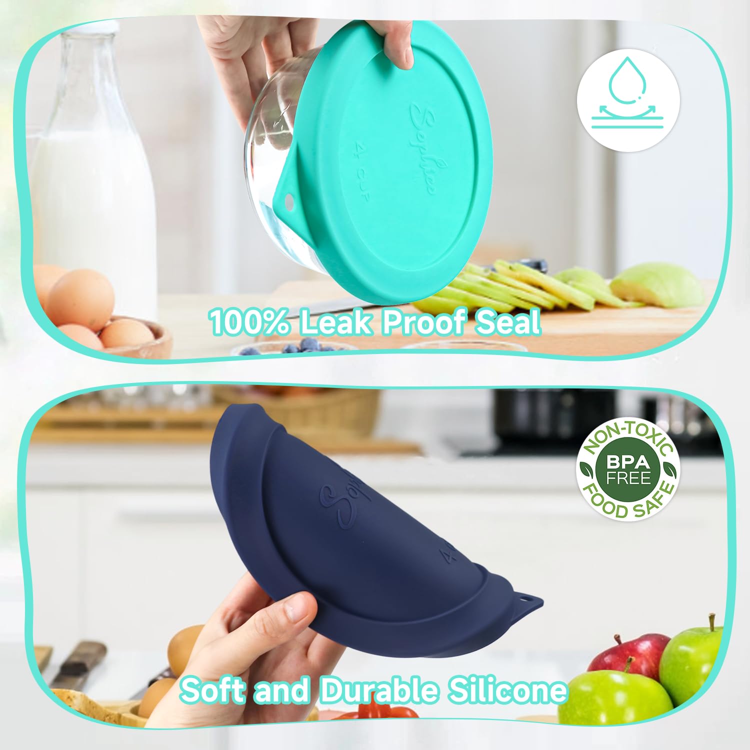 SOPHICO tapas silicona aptas para lavavajillas y congelador, fácil limpieza.