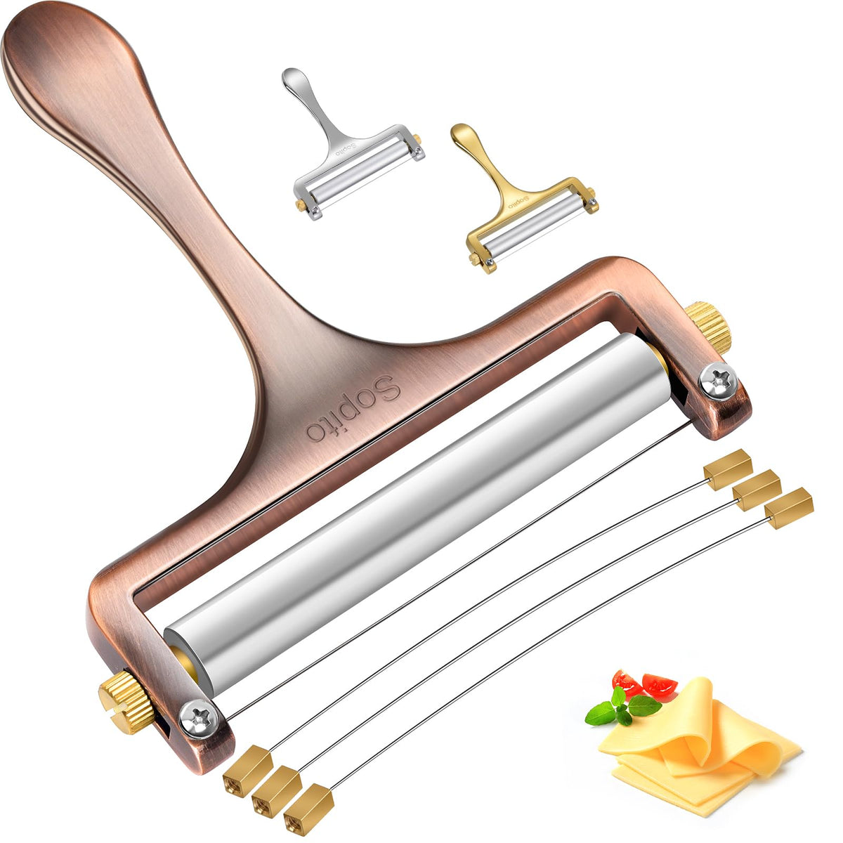 Cortador Sopito de queso acero inoxidable con cables ajustables para rebanadas uniformes.