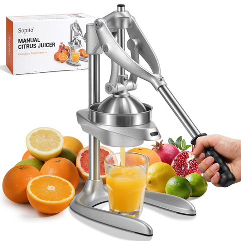 Imagen frontal del Sopito exprimidor cítrico manual con estructura metálica estable para jugo.