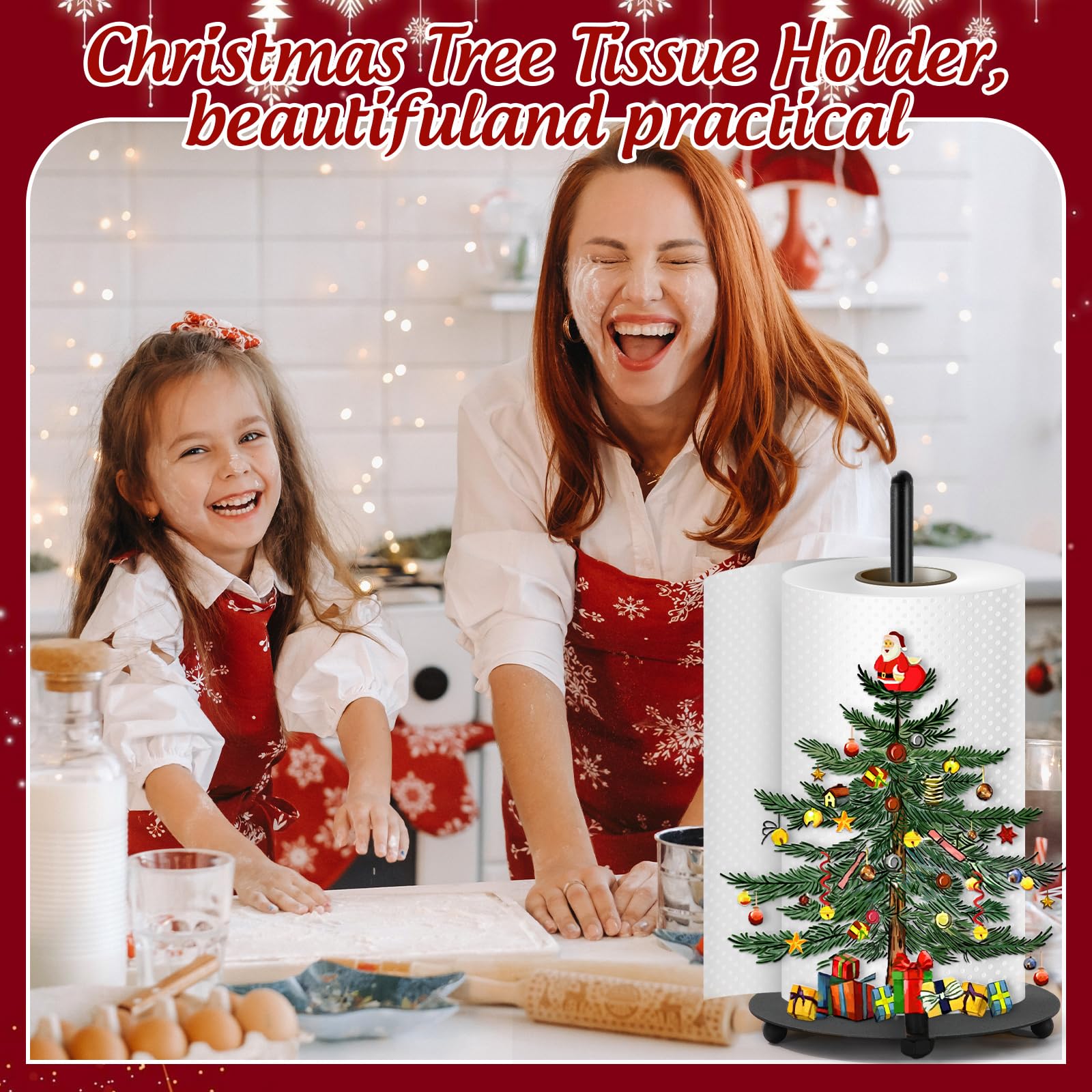 Soporte de toallas de papel navideño con base pesada y estructura estable.