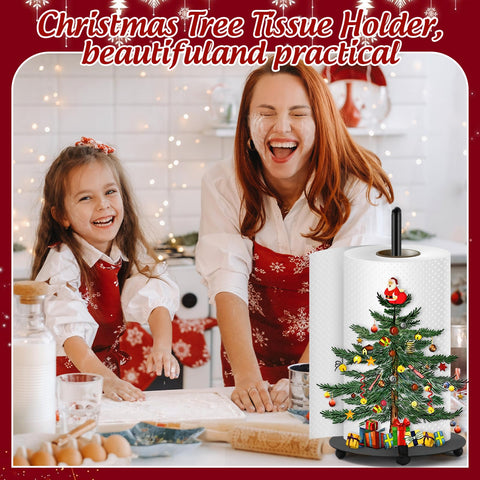 Soporte de toallas de papel navideño con base pesada y estructura estable.