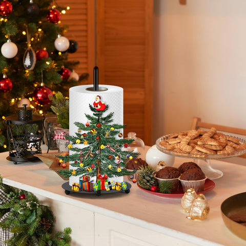 Soporte de toallas de papel navideño en mesa de comedor o cocina.