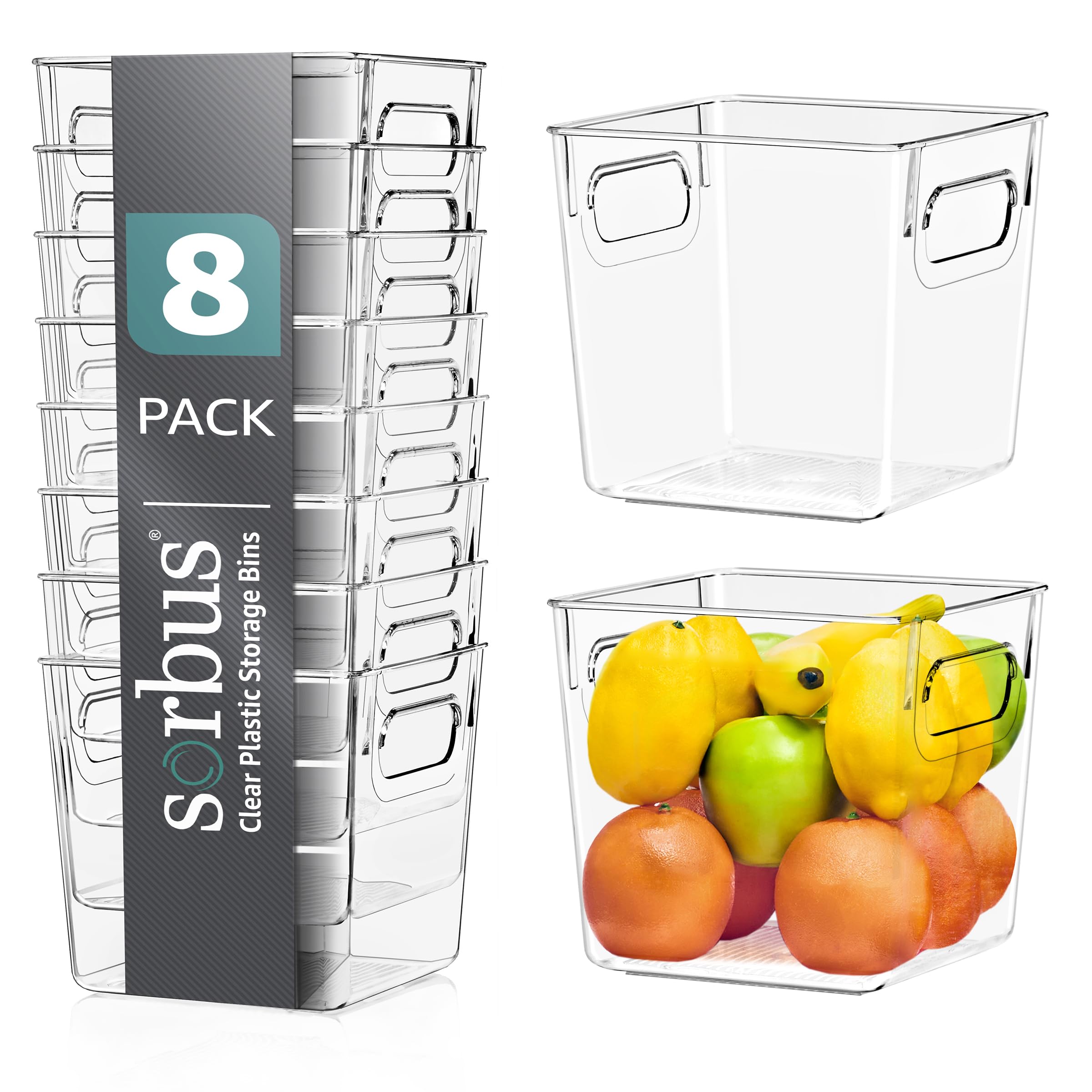 Sorbus cajas claras con mango integrado para acceso rápido en estanterías.
